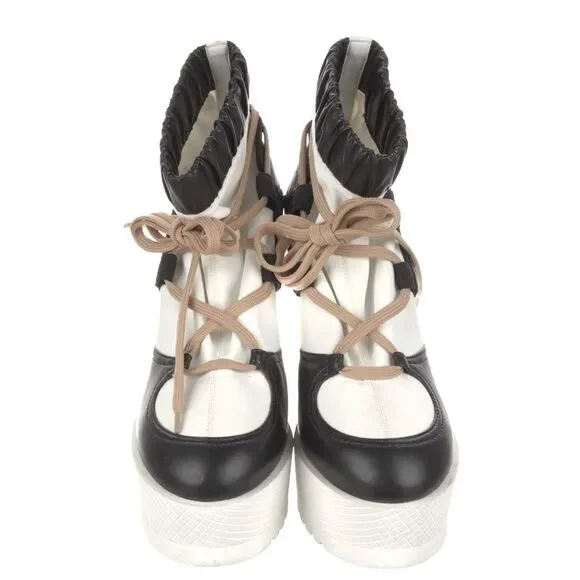 CHANEL Lace Up Wedge Platform Boots Designer Luxury Patent Calfskin Runway 39/9 - Picture 5 of 8